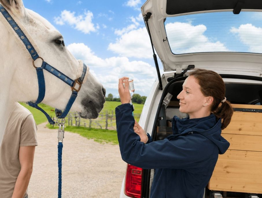 Tierärztin untersucht ein weißes Pferd im Rahmen der mobilen Fahrpraxis der Pferdeklinik Pill