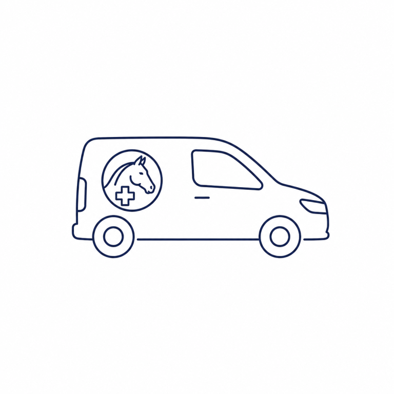 Symbol für die mobile Fahrpraxis der Pferdeklinik Pill mit Klinikfahrzeug und Pferde-Icon