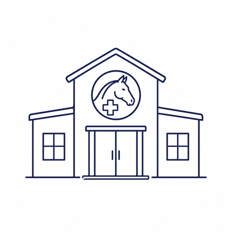 Symbol für die Pferdeklinik Pill mit Klinikgebäude, Pferde-Icon und medizinischem Kreuz