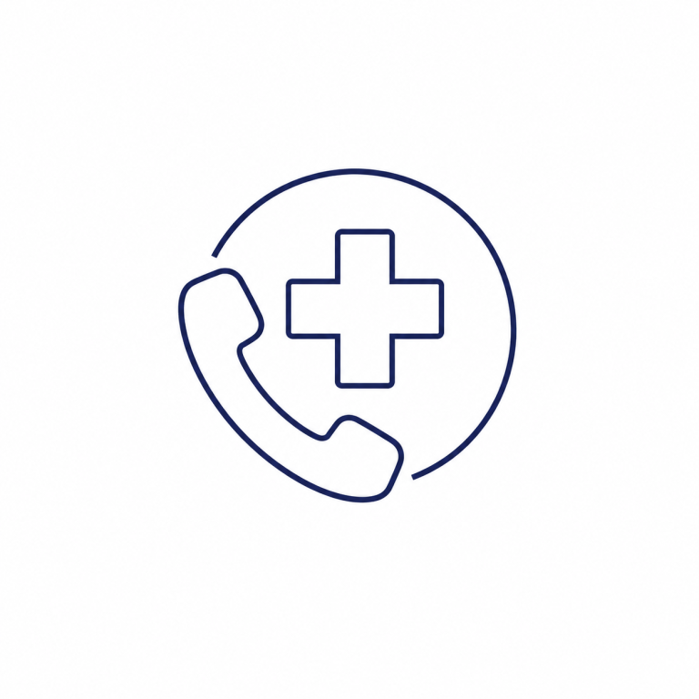 Symbol für den 24/7-Notdienst der Pferdeklinik Pill mit Telefonhörer und medizinischem Kreuz