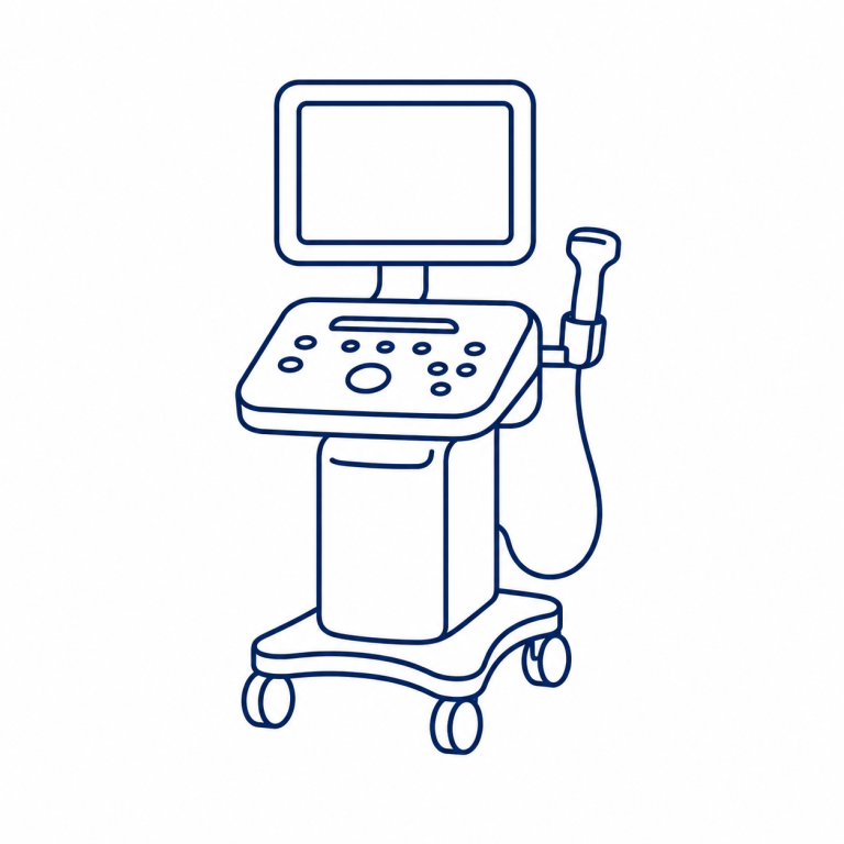 Diagnostik und Zusatztherapien für Pferde Symbol für Diagnostik und Zusatztherapien bei Pferden mit stilisiertem Ultraschallgerät